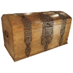 Antique Large Domed Oak German Baroque Trunk with Decorative Iron Strapwork, circa 1700