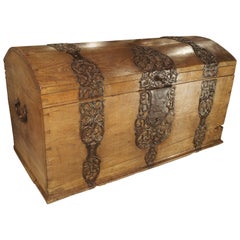 Large Domed Oak German Baroque Trunk with Decorative Iron Strapwork, circa 1700