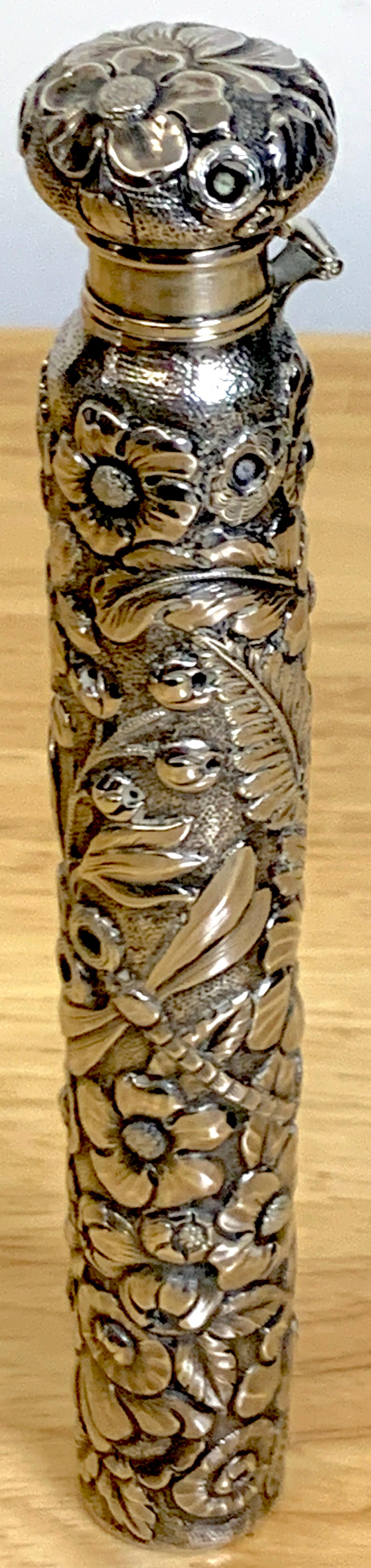 19th Century Large Dominick & Haff Aesthetic Sterling Perfume or Flask with Dragon Fly For Sale