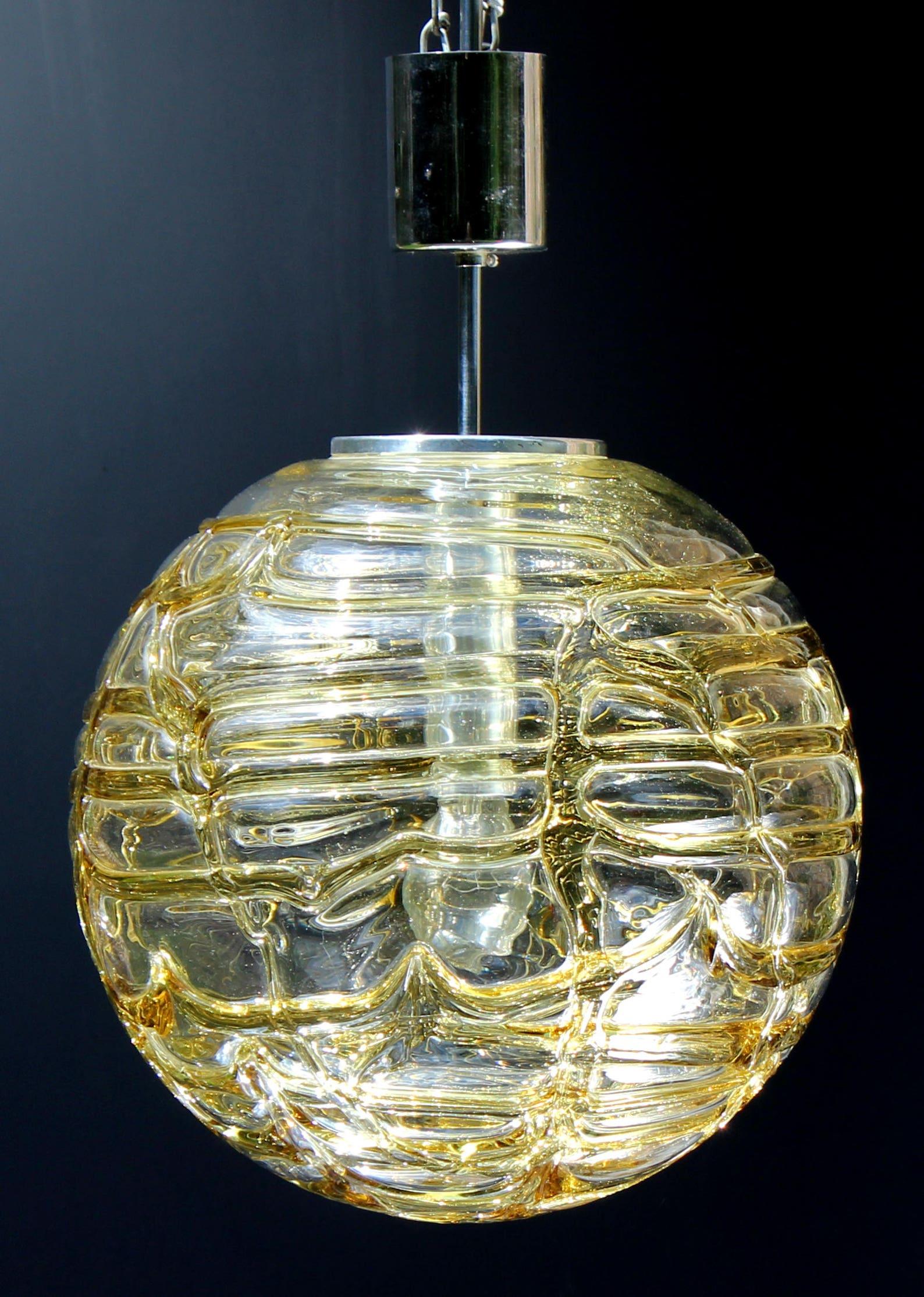 Mid-Century Modern Large Doria Light Amber Globe Murano Style Pendant Lamp, Germany, 1970s For Sale