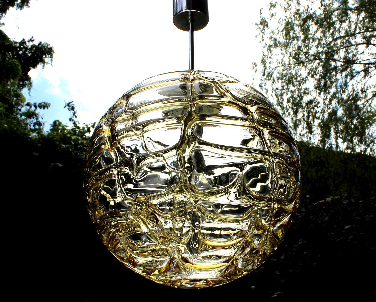 Late 20th Century Large Doria Light Amber Globe Murano Style Pendant Lamp, Germany, 1970s For Sale