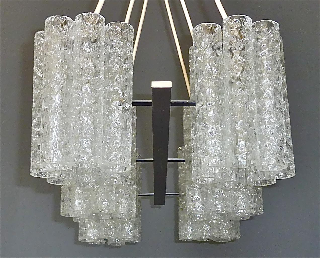 Large Doria Six Light Chandelier Steel Grey Murano Ice Glass Tubes, 1960s Venini For Sale 4