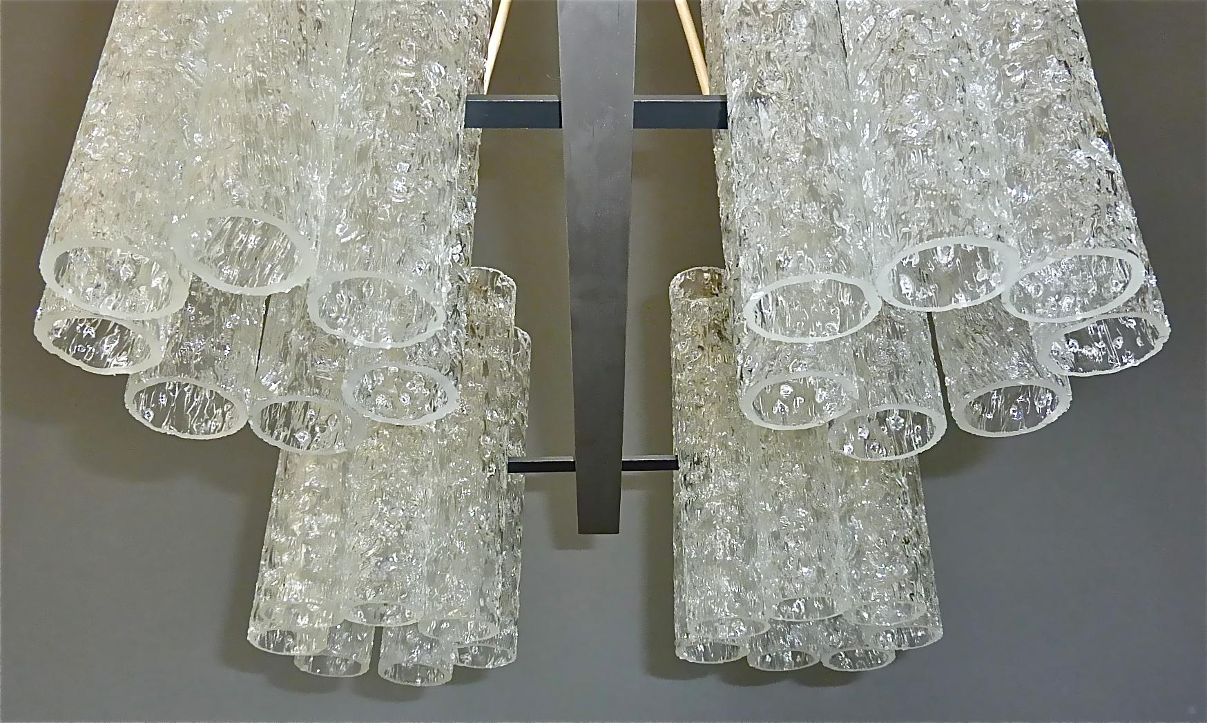 Large Doria Six Light Chandelier Steel Grey Murano Ice Glass Tubes, 1960s Venini For Sale 5