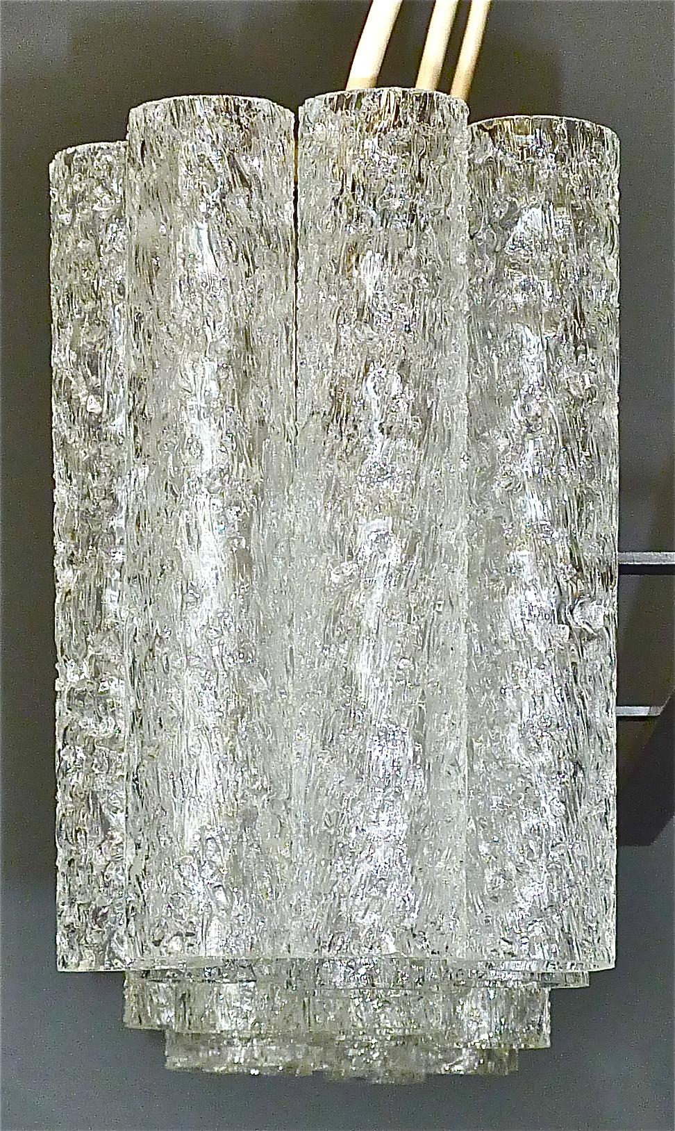 Large Doria Six Light Chandelier Steel Grey Murano Ice Glass Tubes, 1960s Venini For Sale 7