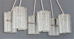 Large Doria Six Light Chandelier Steel Grey Murano Ice Glass Tubes, 1960s Venini