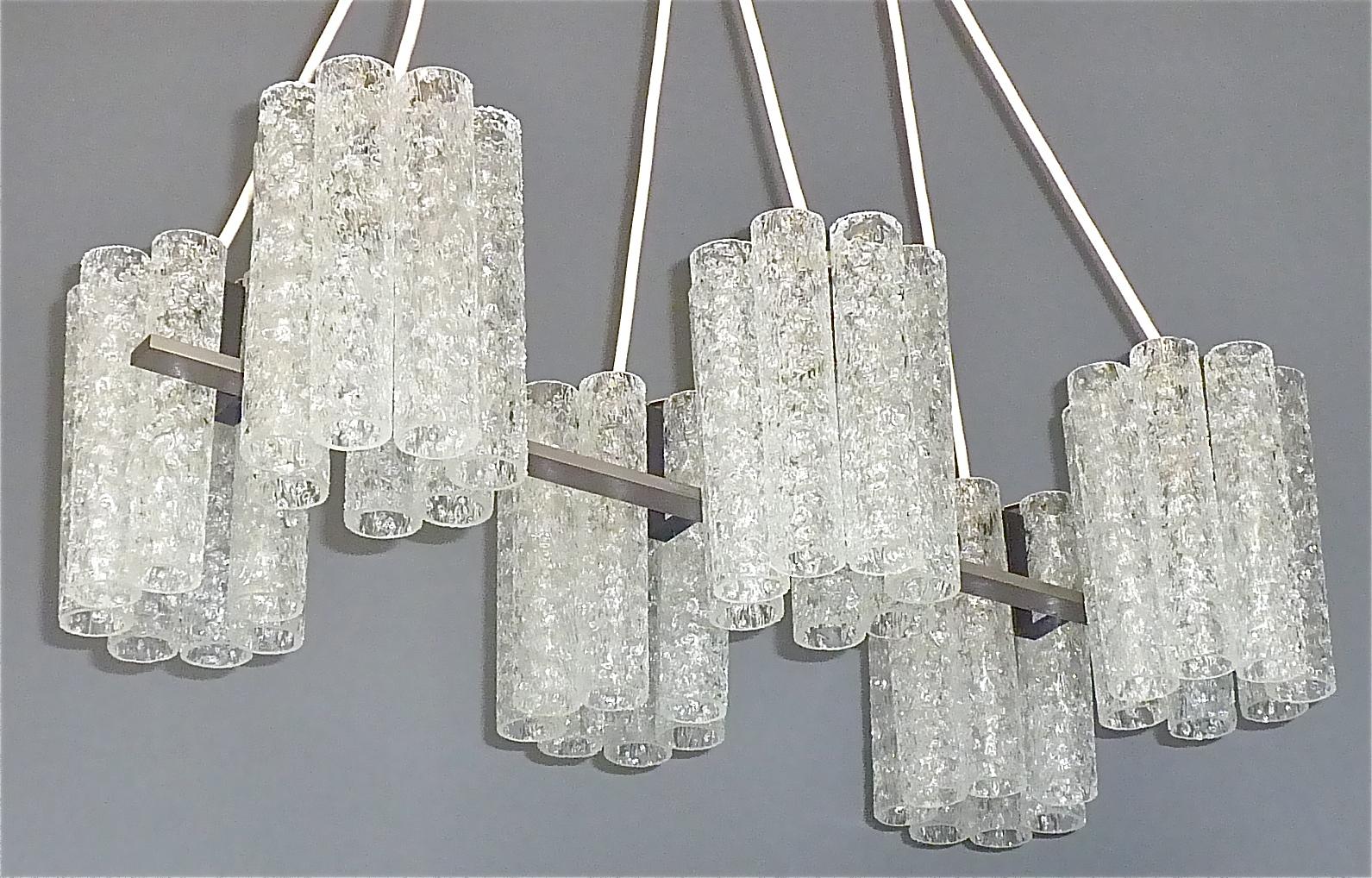 German Large Doria Six Light Chandelier Steel Grey Murano Ice Glass Tubes, 1960s Venini For Sale