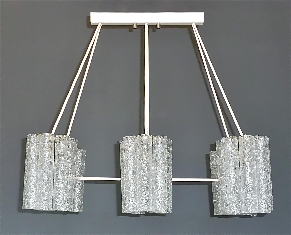 Hand-Crafted Large Doria Six Light Chandelier Steel Grey Murano Ice Glass Tubes, 1960s Venini For Sale