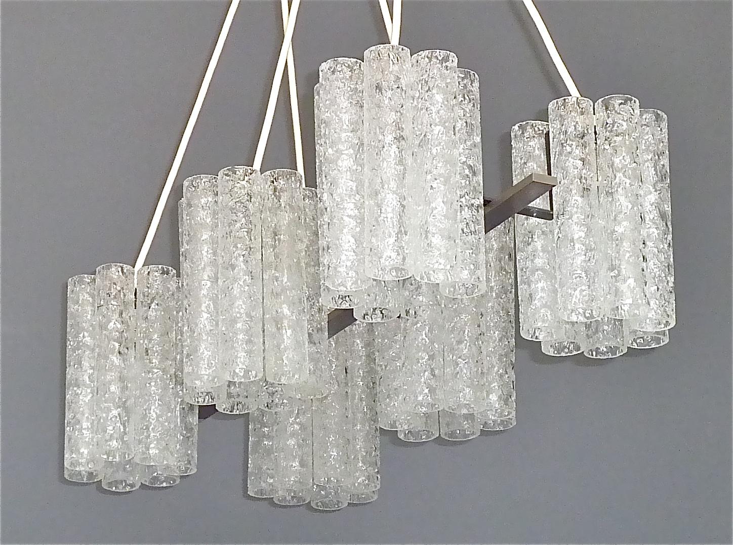 Mid-20th Century Large Doria Six Light Chandelier Steel Grey Murano Ice Glass Tubes, 1960s Venini For Sale