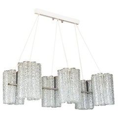 Vintage Large Doria Six Light Chandelier Steel Grey Murano Ice Glass Tubes, 1960s Venini