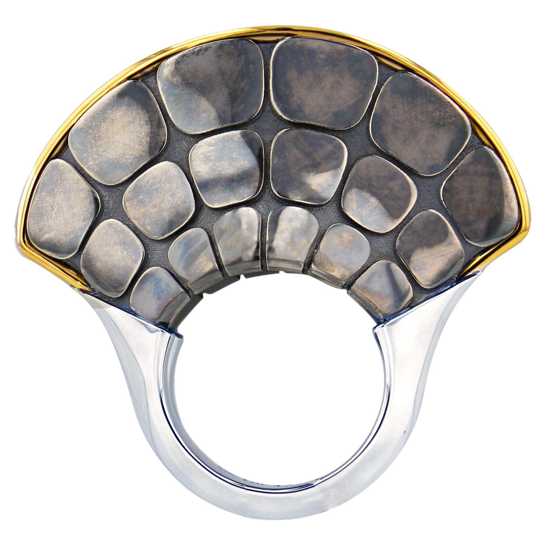 Grande Dorsal Ring in 18k Yellow Gold & Distressed Silver by Elie Top For Sale