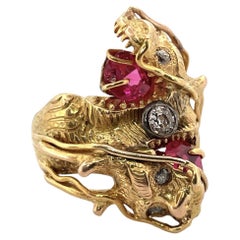 Large Double Dragon Head Majesty 14K Solid Yellow Gold Ring