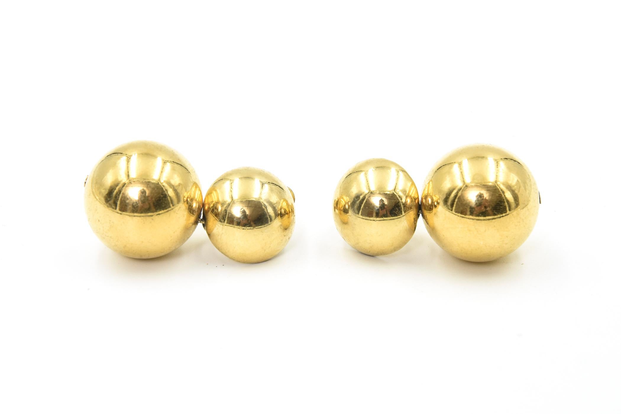 Large Double Gold Ball Drop Clip On Earrings In Fair Condition In Miami Beach, FL