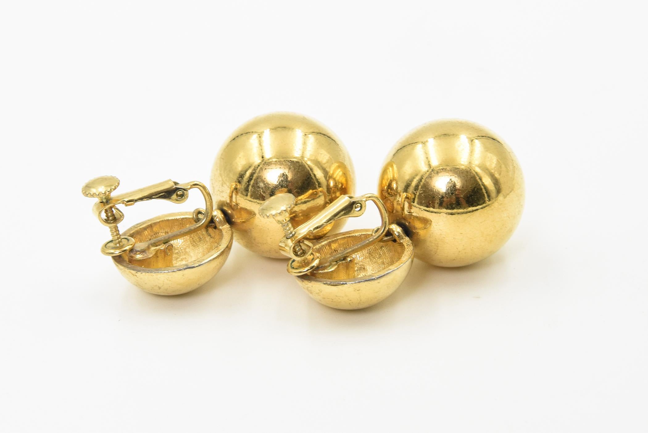 Large Double Gold Ball Drop Clip On Earrings 2