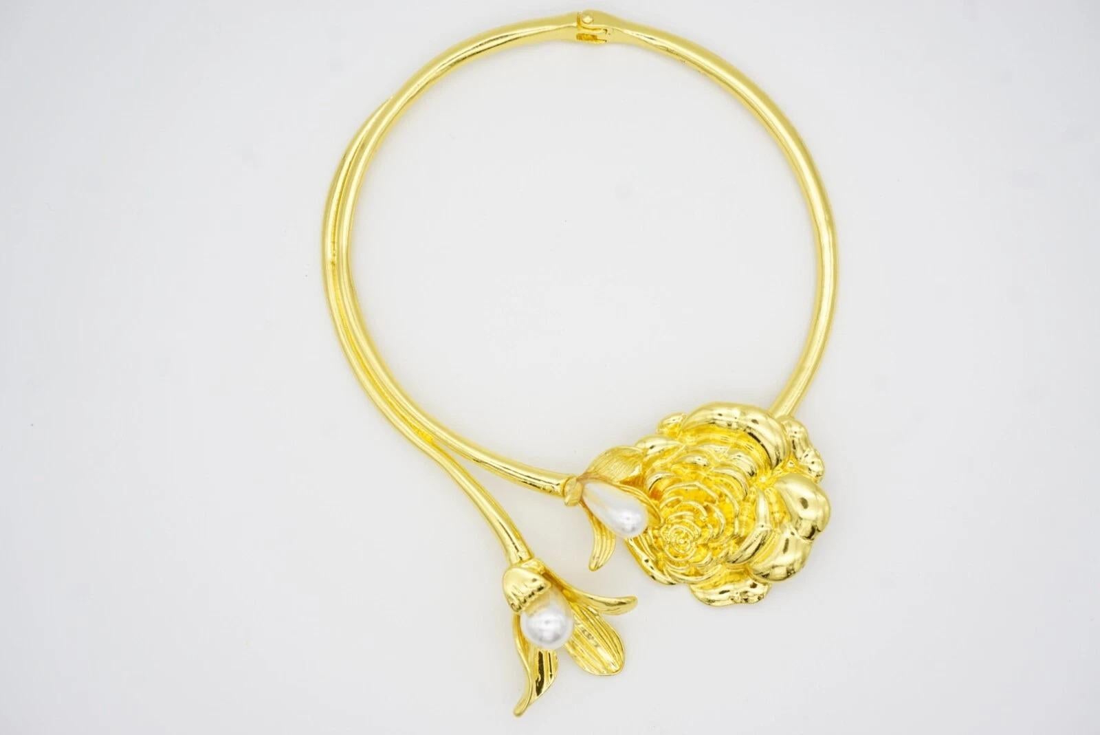 Große doppelte Lilie Kamelie Blume Perlen Anhänger Elegance Halskette Kragen Choker im Angebot 9