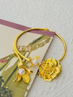 Large Double Lily Camellia Flower Pearls Pendant Elegant Necklace Collar Choker