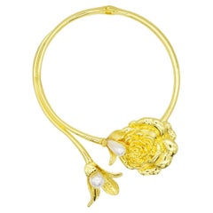 Large Double Lily Camellia Flower Pearls Pendant Elegant Necklace Collar Choker