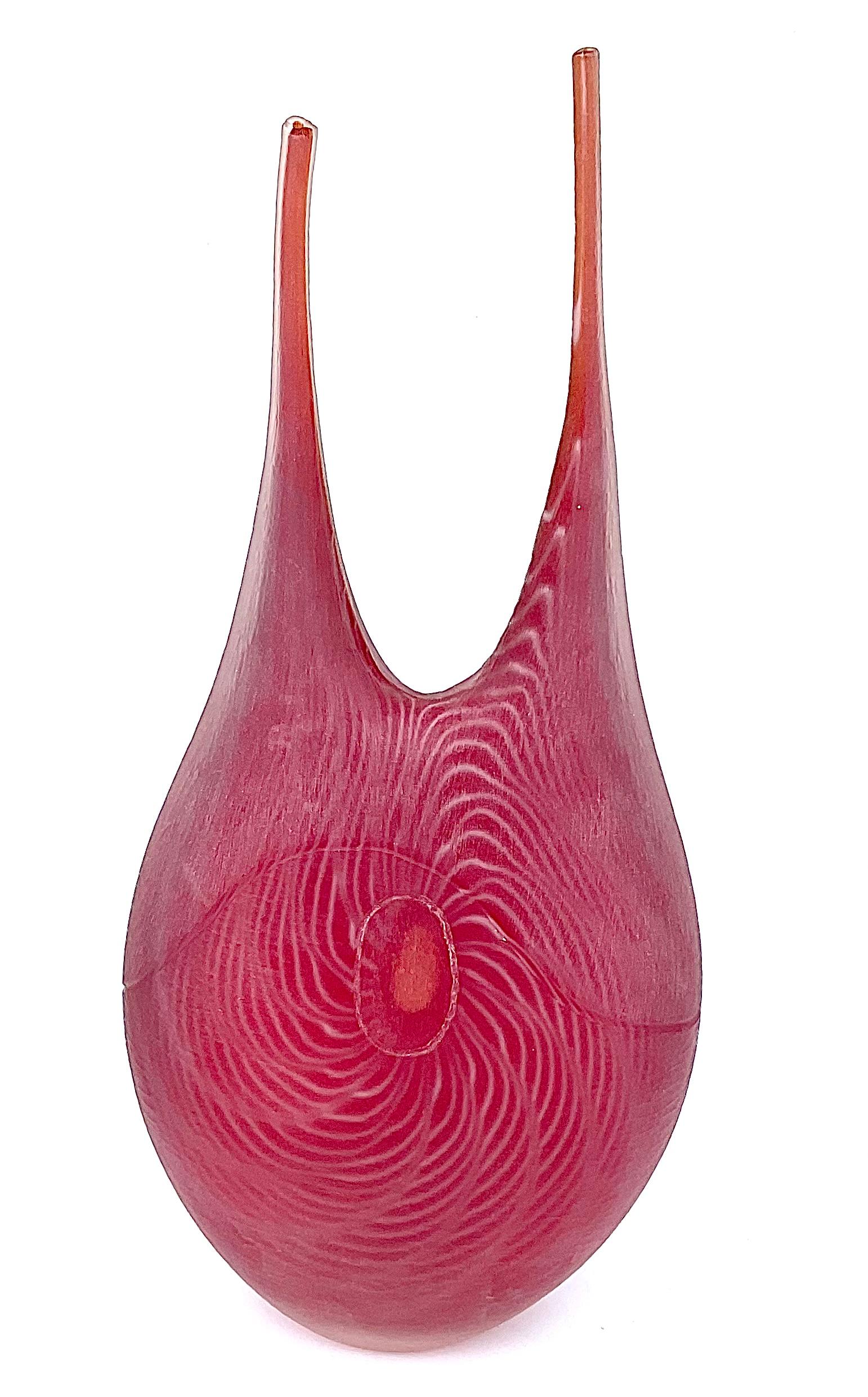 Late 20th Century Large Double Neck Carved Murano Glass Battuto Vase by Alberto Dona in Red For Sale