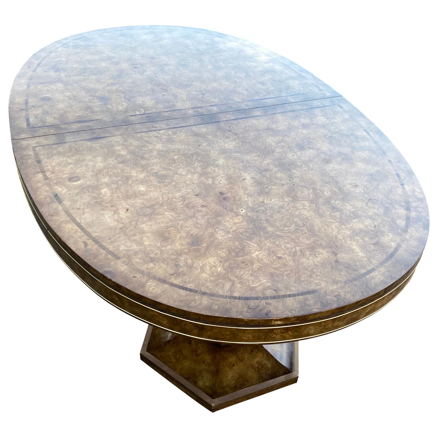 Mid-Century Modern Large Mastercraft Dining Room Table In Burlwood And Brass For Sale