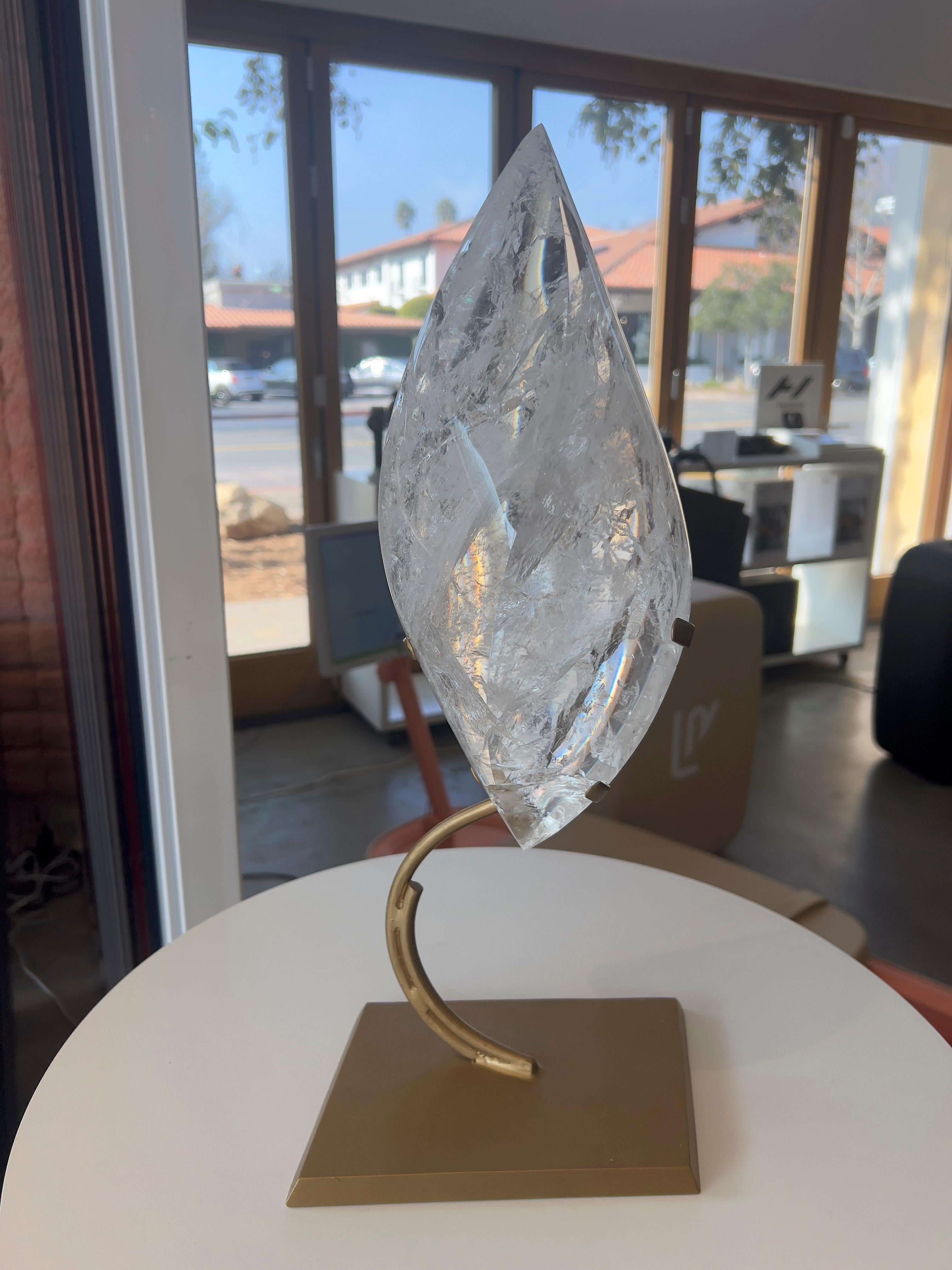 Brazilian Large Double Pointed Clear Quartz Flame on Golden Stand For Sale