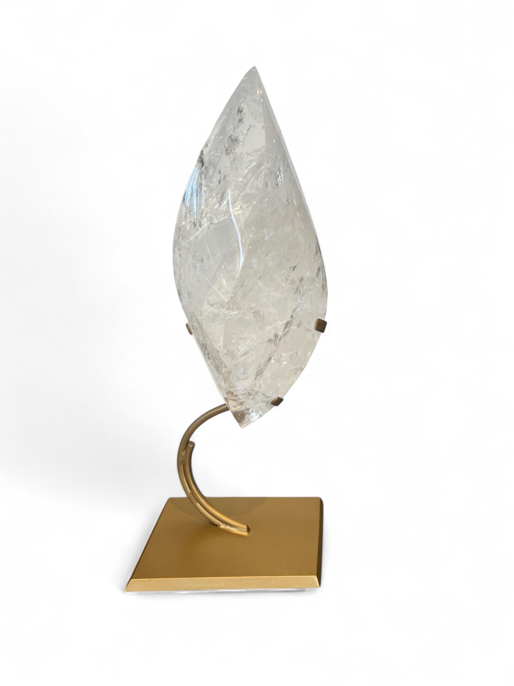 Large Double Pointed Clear Quartz Flame on Golden Stand In New Condition For Sale In Malibu, CA