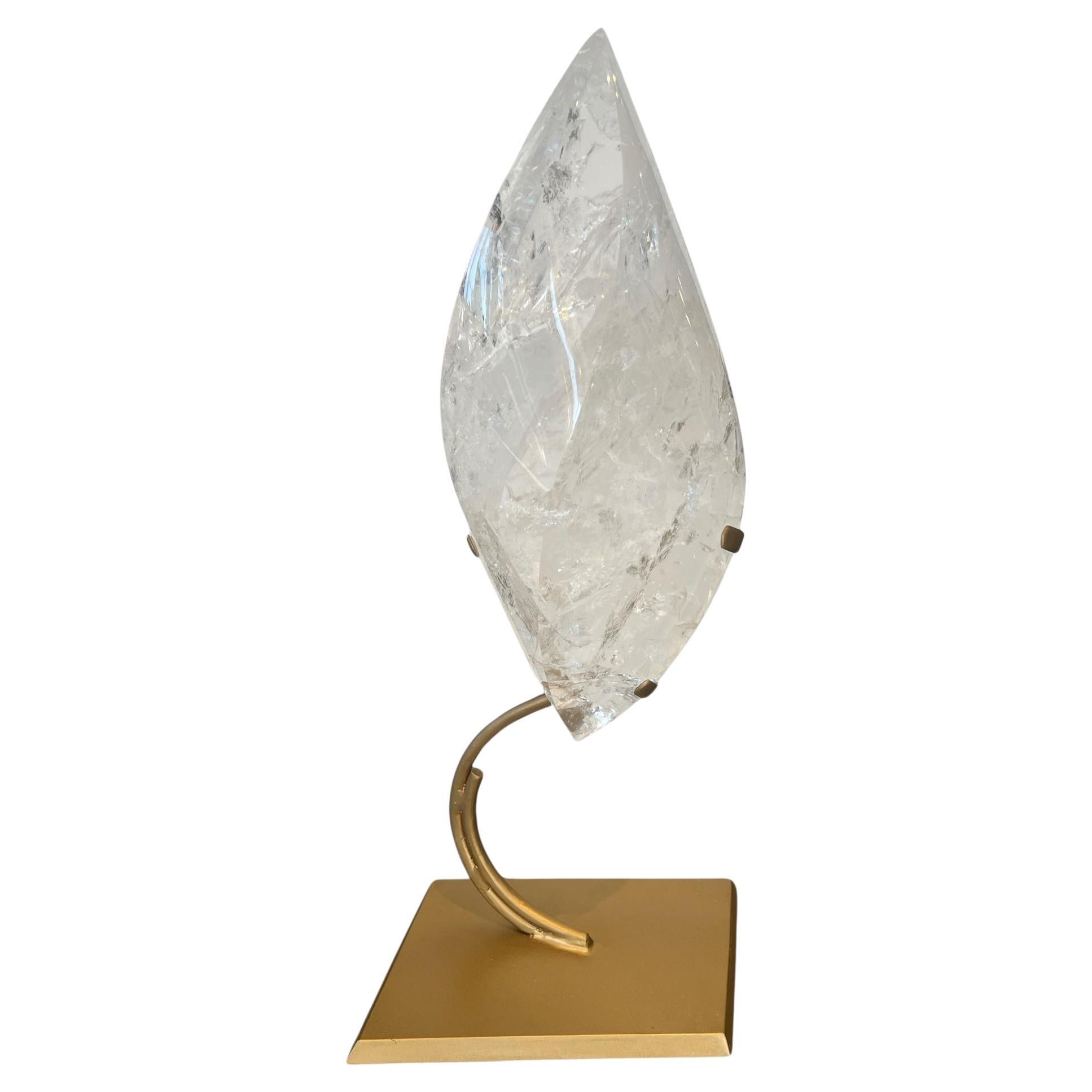 Large Double Pointed Clear Quartz Flame on Golden Stand