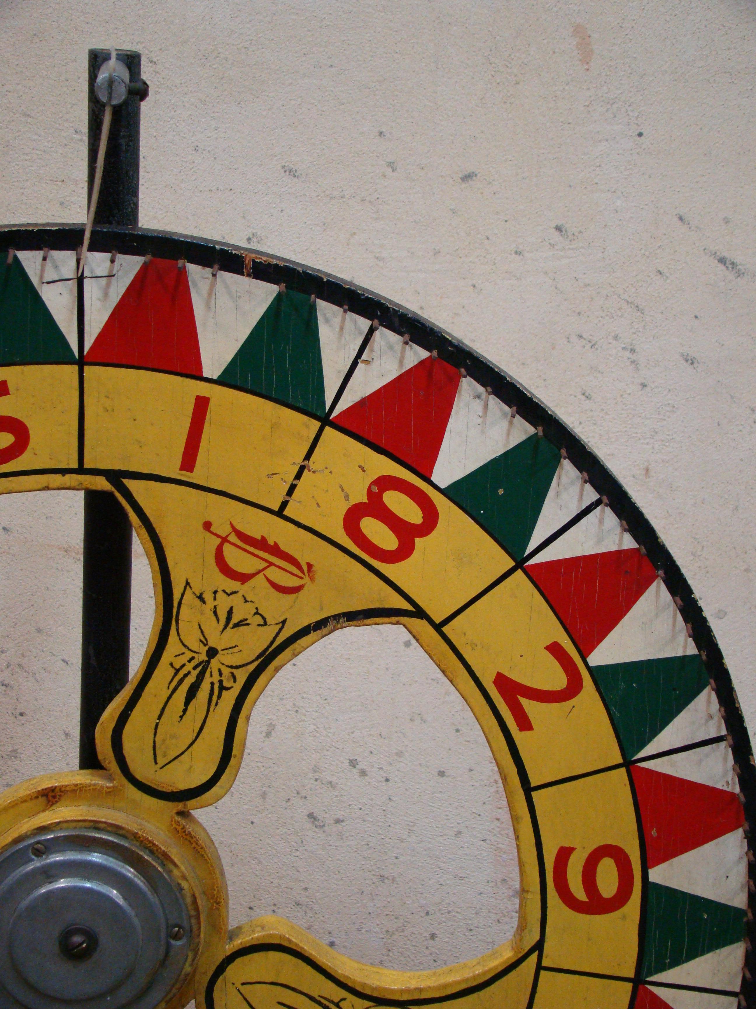Metal Large Double Sided, Hand Painted Antique Carnival Gaming Wheel, 1930s-1940s For Sale