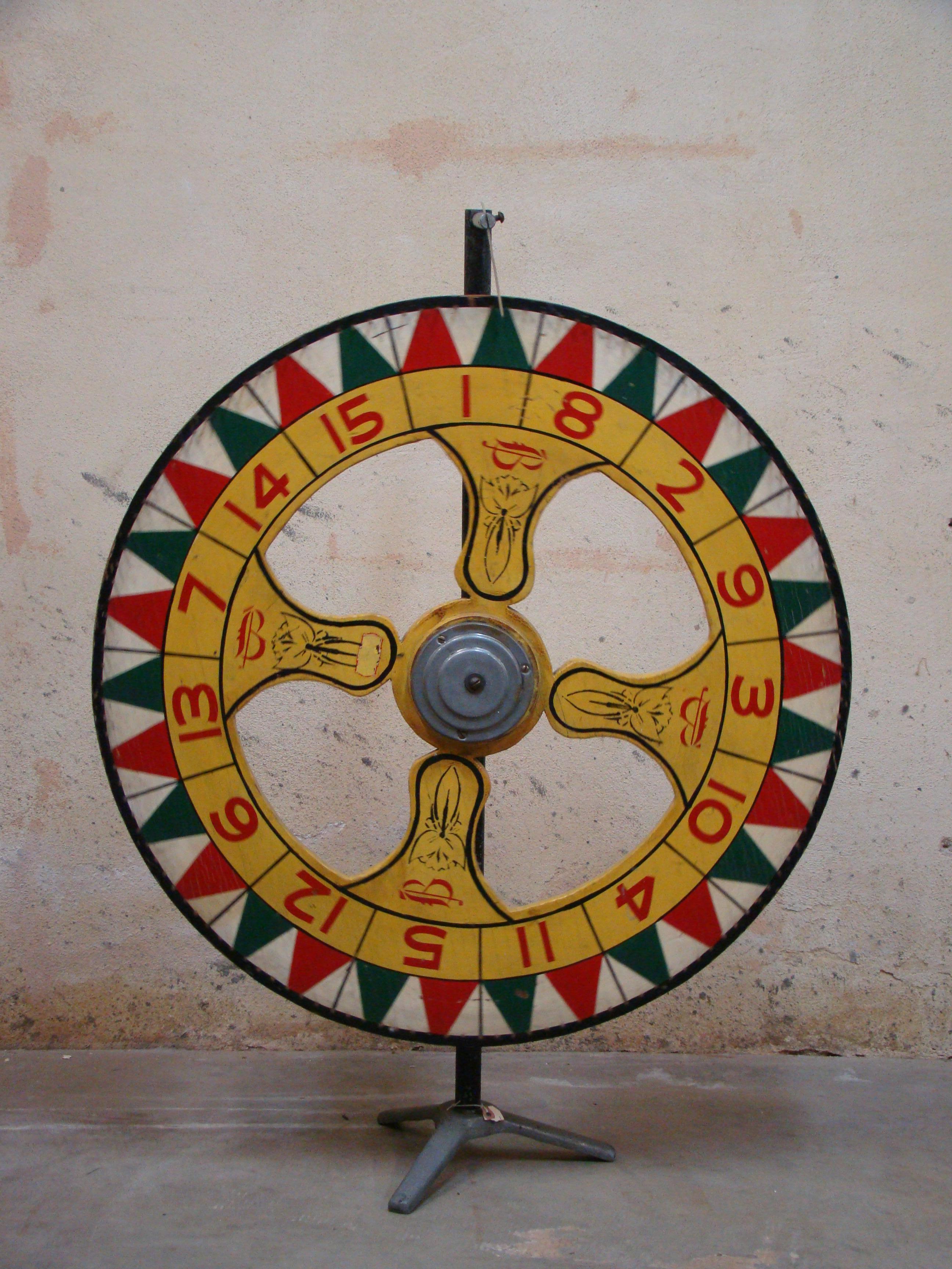 Magnificent, hand painted, carnival gaming wheel on stand. Wheel itself is 30