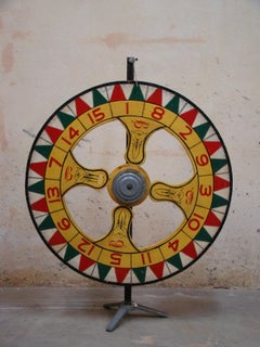 Grande roue de jeu ancienne double face, peinte à la main, années 1930-1940