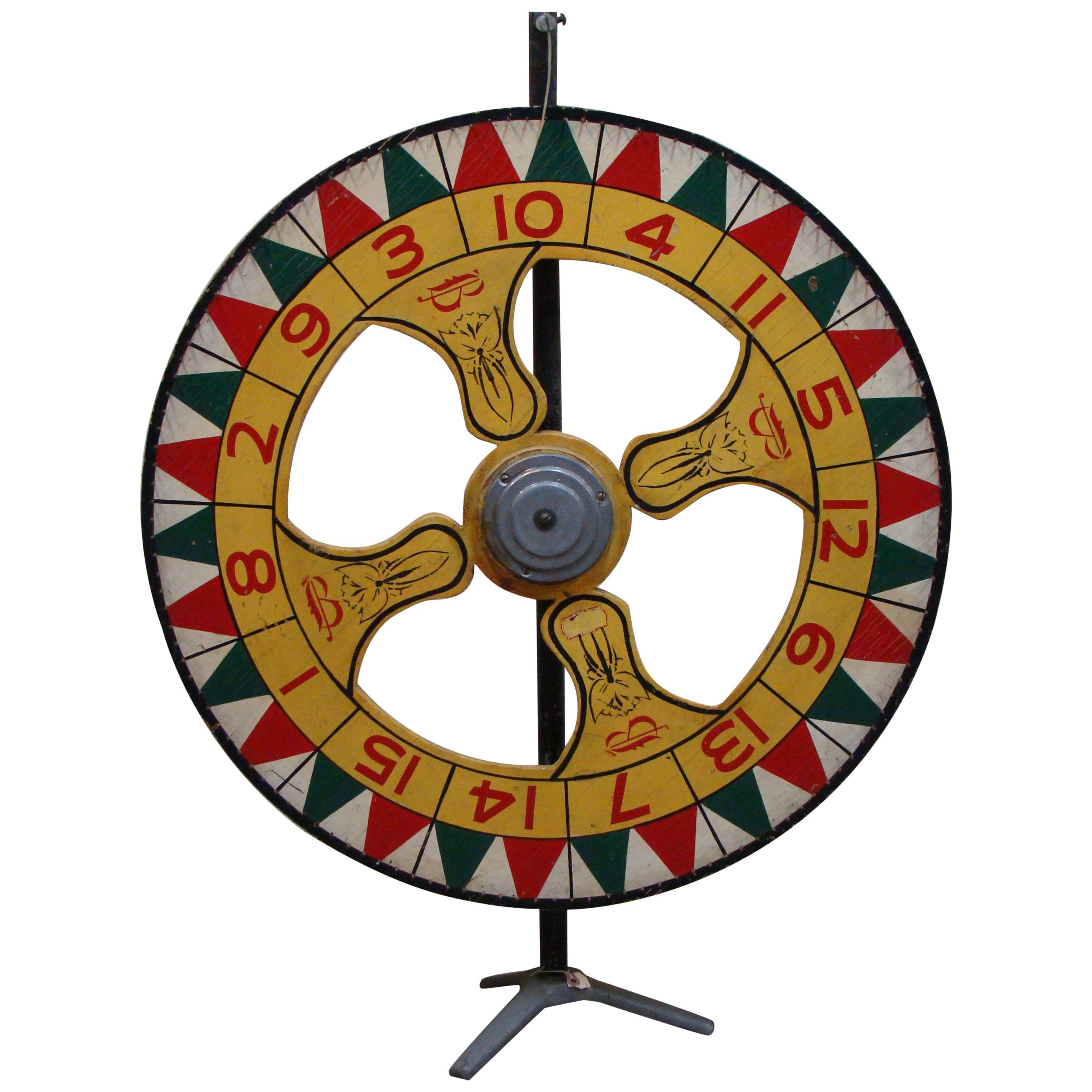 Large Double Sided, Hand Painted Antique Carnival Gaming Wheel, 1930s-1940s For Sale