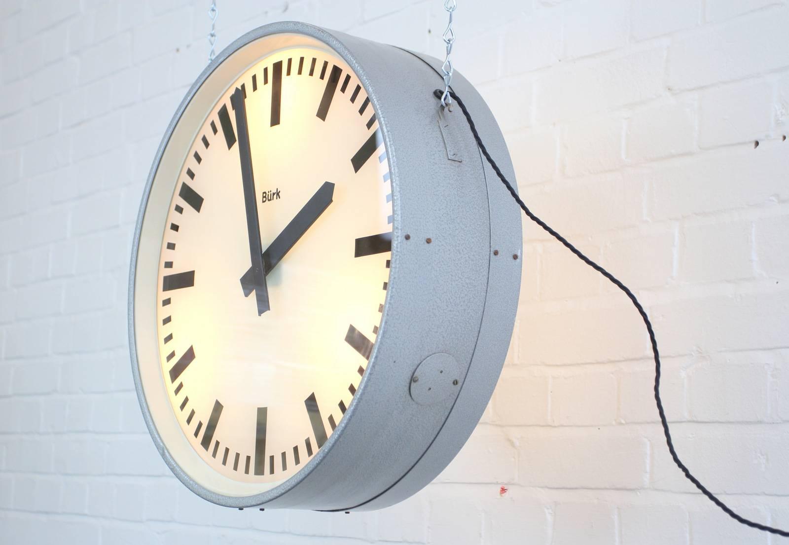 Large Double-Sided Light Up Station Clock by Burke, circa 1950s In Good Condition In Gloucester, GB