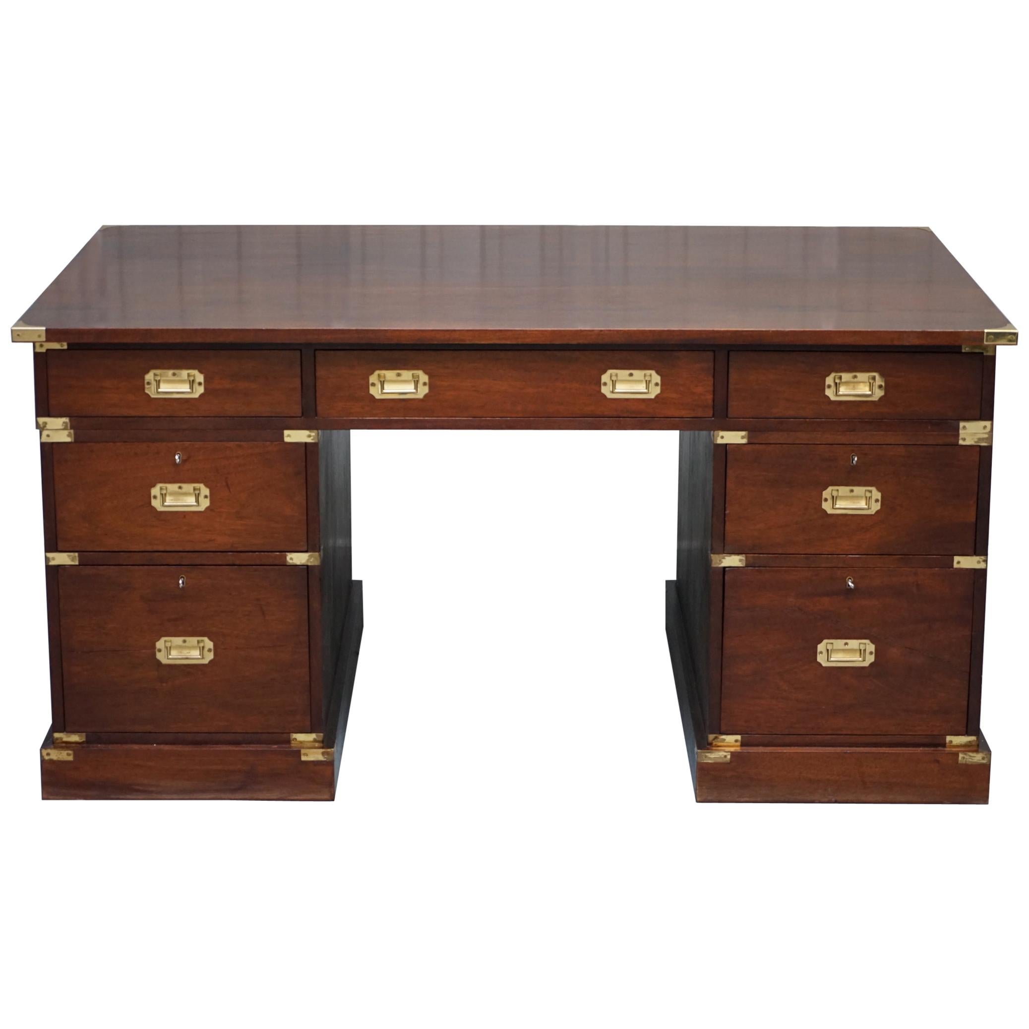 Large Double Sided Military Campaign Twin Pedestal Partner Desk Solid Mahogany