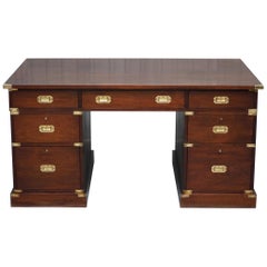 Vintage Large Double Sided Military Campaign Twin Pedestal Partner Desk Solid Mahogany