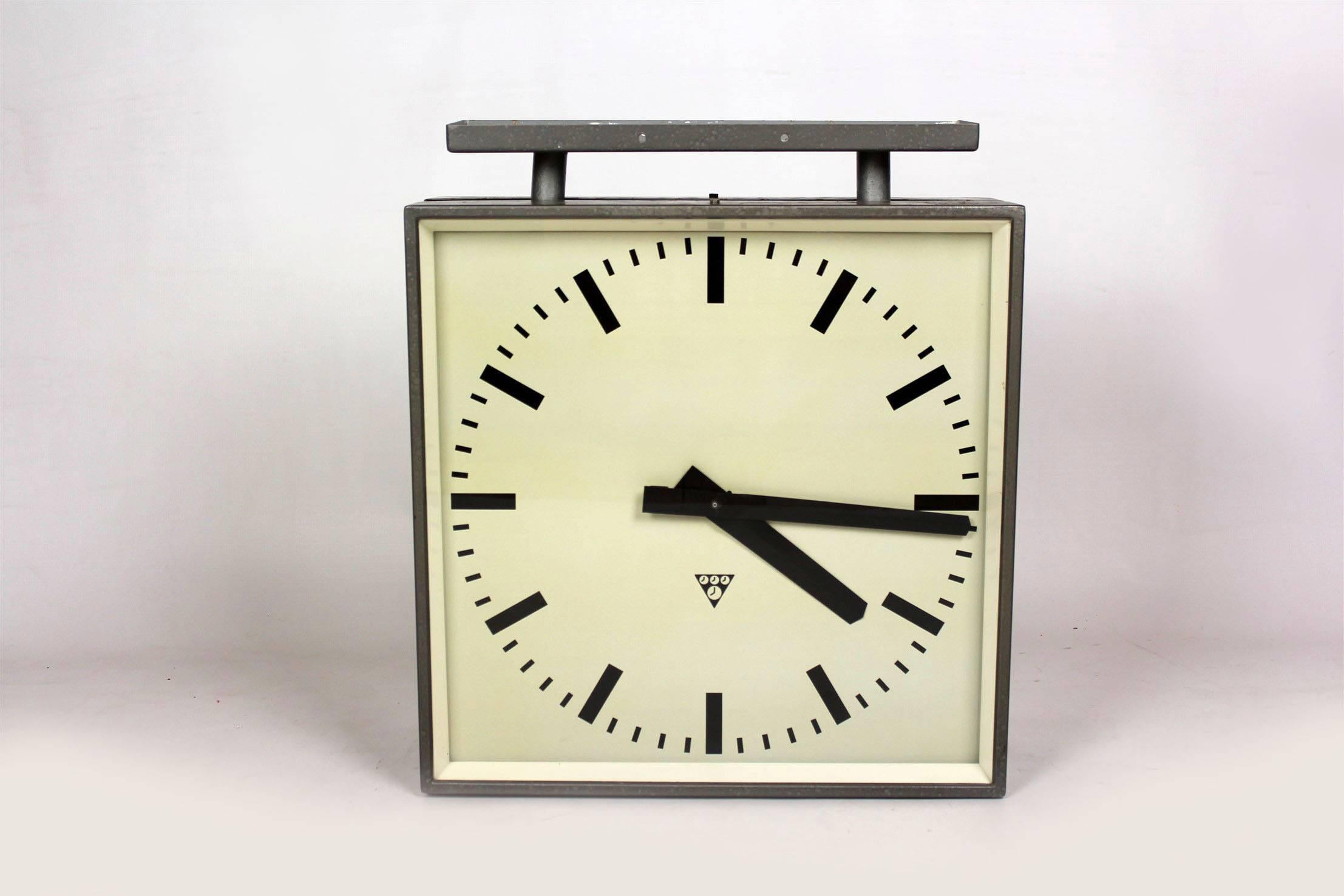 Industrial Large Double-Sided Railway Clock from Pragotron, 1970s