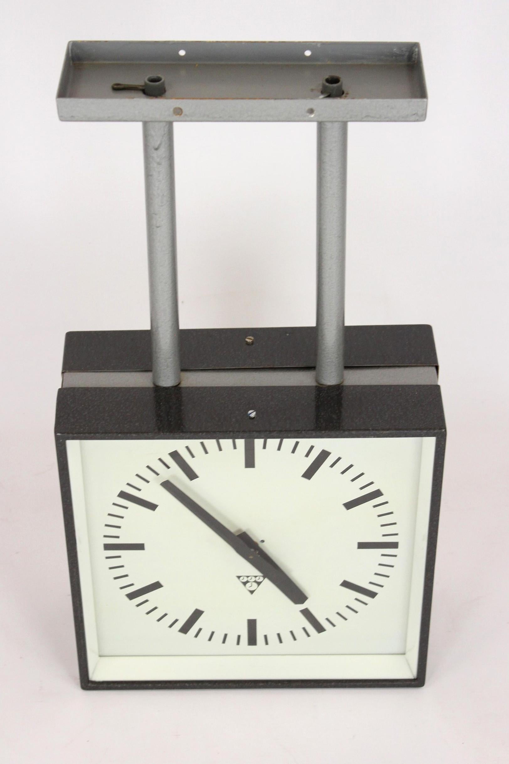 
Large double sided railway clock made by Pragotron in former Czechoslovakia in the 1980s. The clock has been converted into a new quartz mechanism, powered by an AA battery. It no longer requires a special driver as it was in the 1970s/1980s. Very