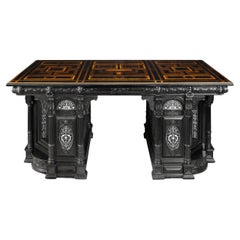 Large double-sided Renaissance-style writing desk with secrets by Leglas-Maurice