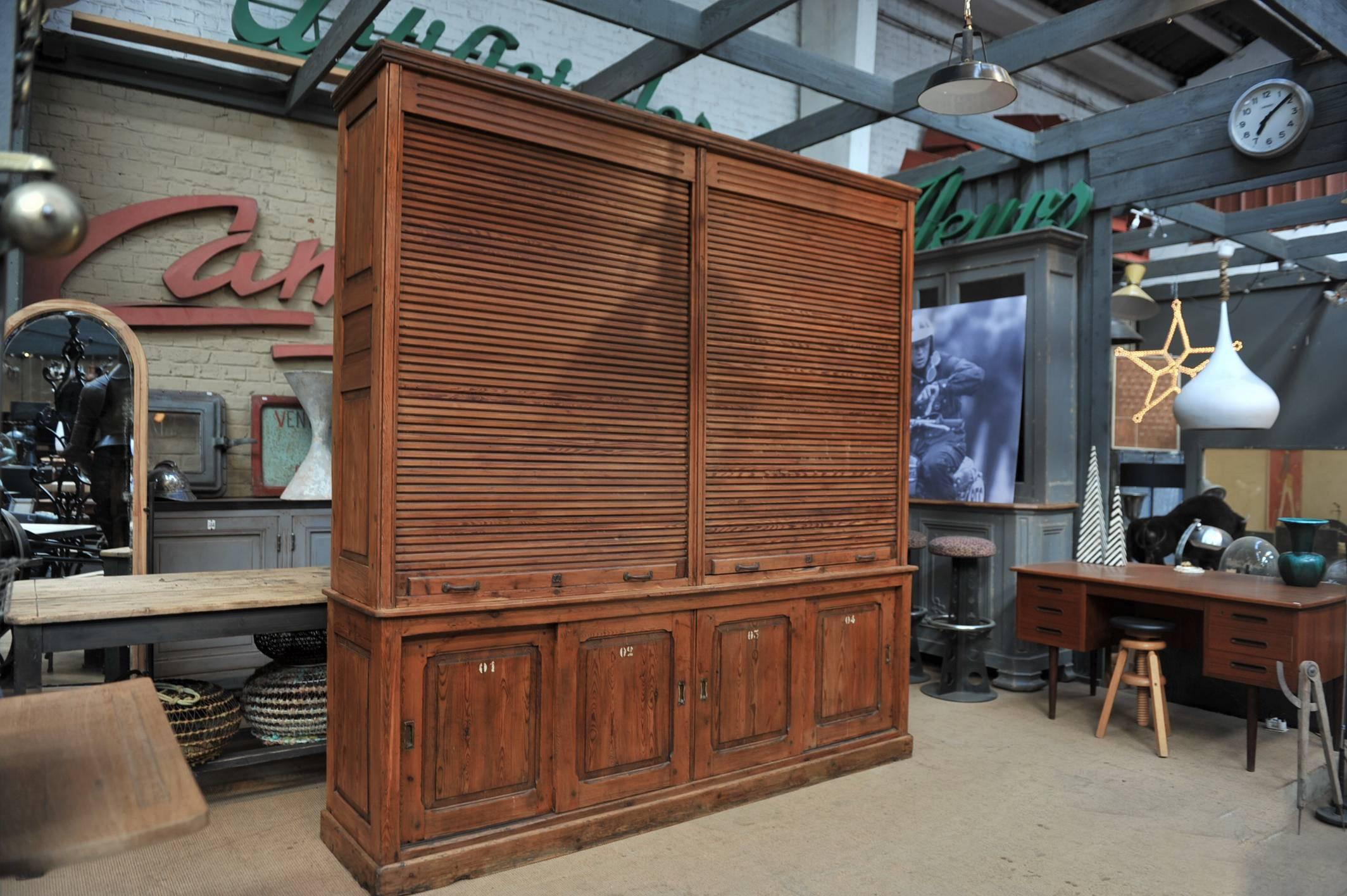 Pine Large Double Sliding Shutter Doors File Office Cabinet, circa 1900