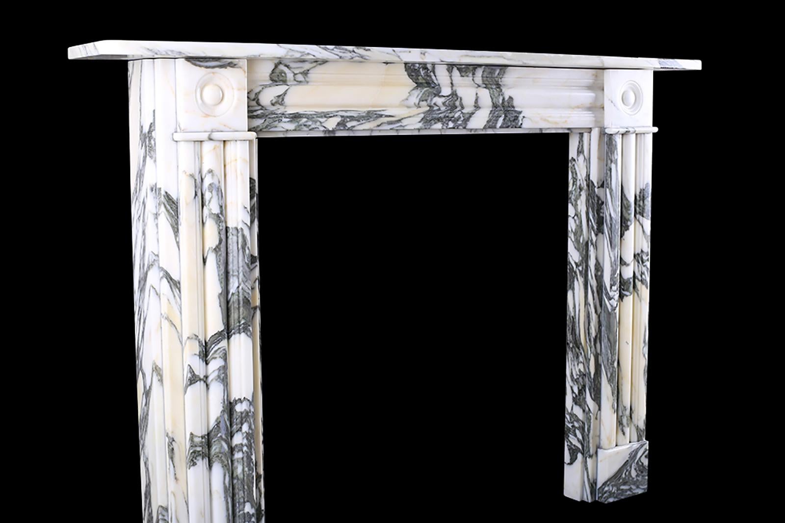 Large double-slip Georgian style fireplace Surround in finest quality Italian Arabescato Marble.

Measures: Depth: 8” – 20.3 cm
External Height: 42 3/4” – 108.5 cm
External Width: 60” – 152 cm
Internal Height: 36” – 91.5 cm
Internal Width: 36”