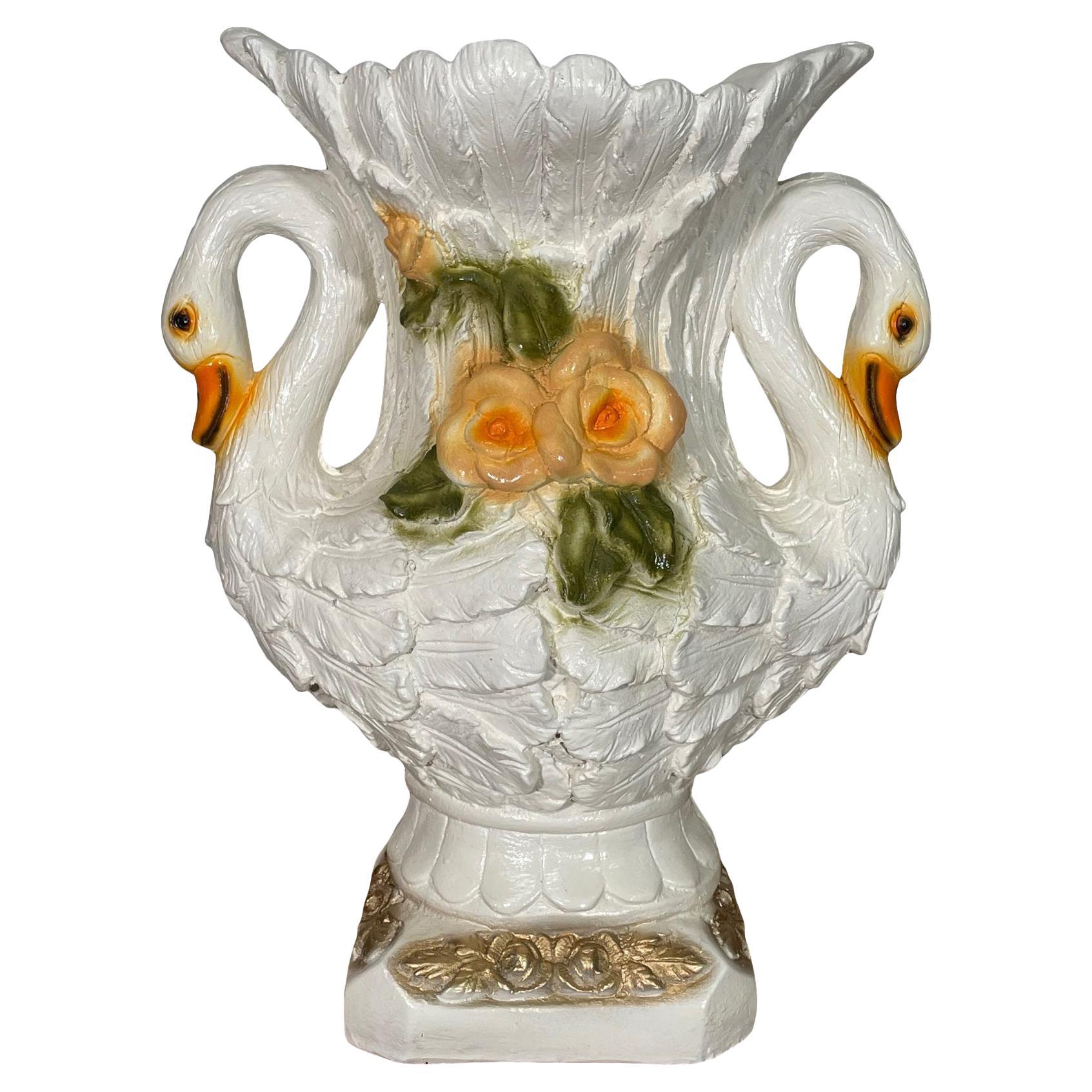 Vintage Swan Decor Retro Kitsch Mid Century Ceramic Double Swan Vase Kitschy Swan Vase With Flower Embellishment.
