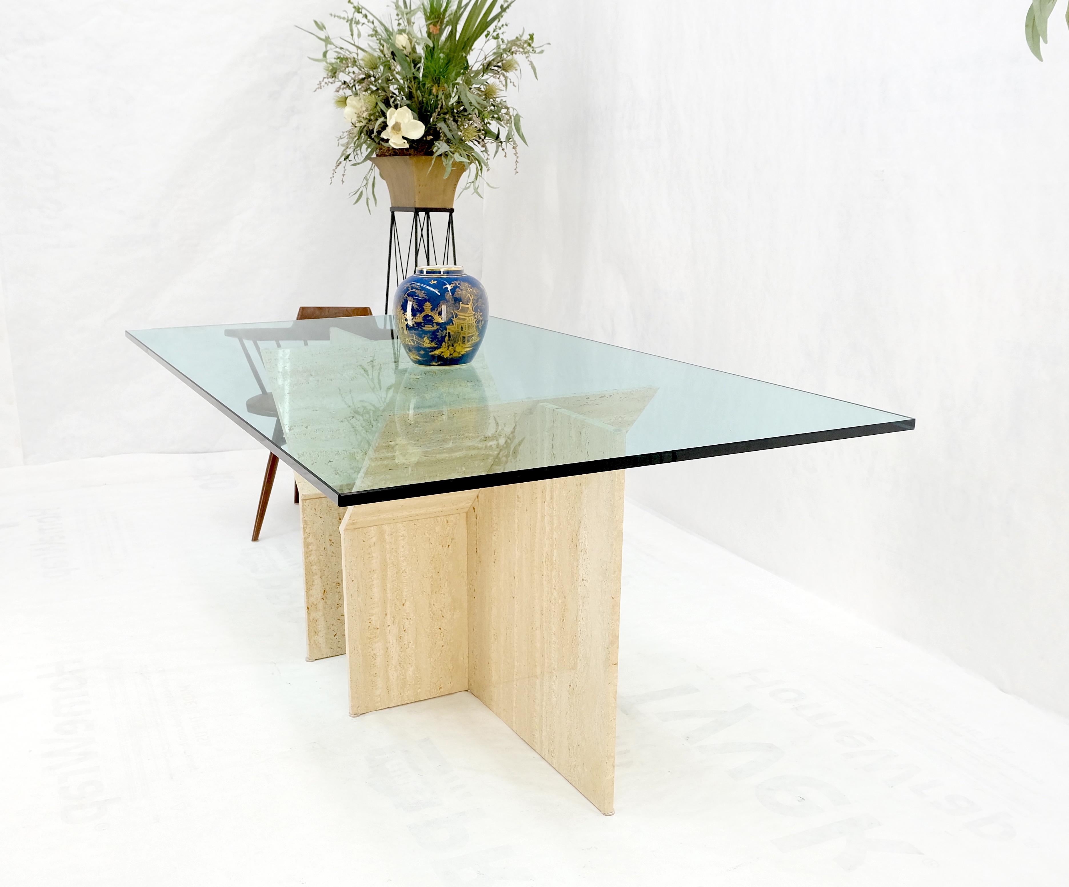 Large Double Travertine Pedestal Glass Top Dining Conference Table Mint! For Sale 4