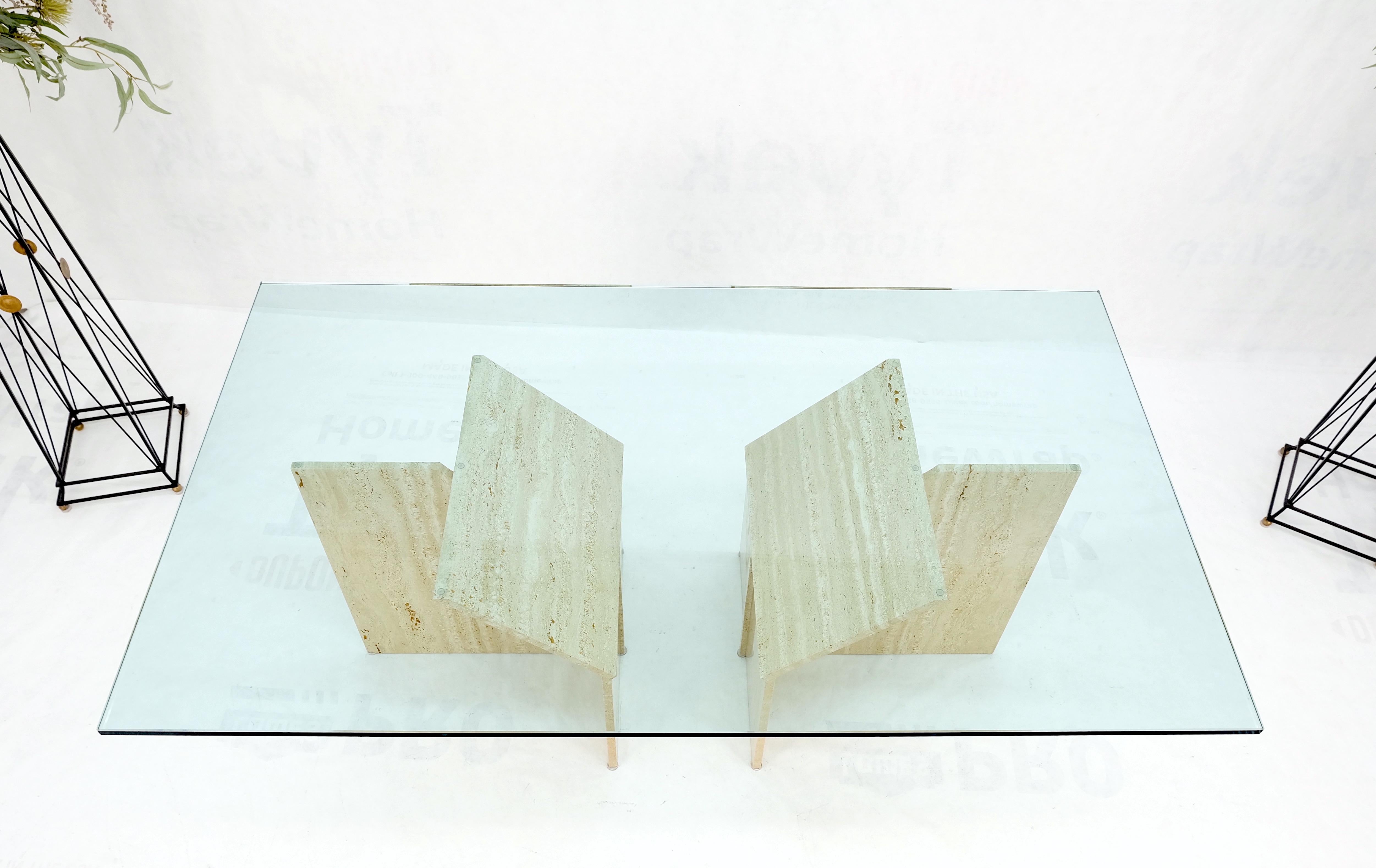 Table de conférence pour salle à manger à double piédestal en travertin, large et rectangulaire, avec plateau en verre 3/4