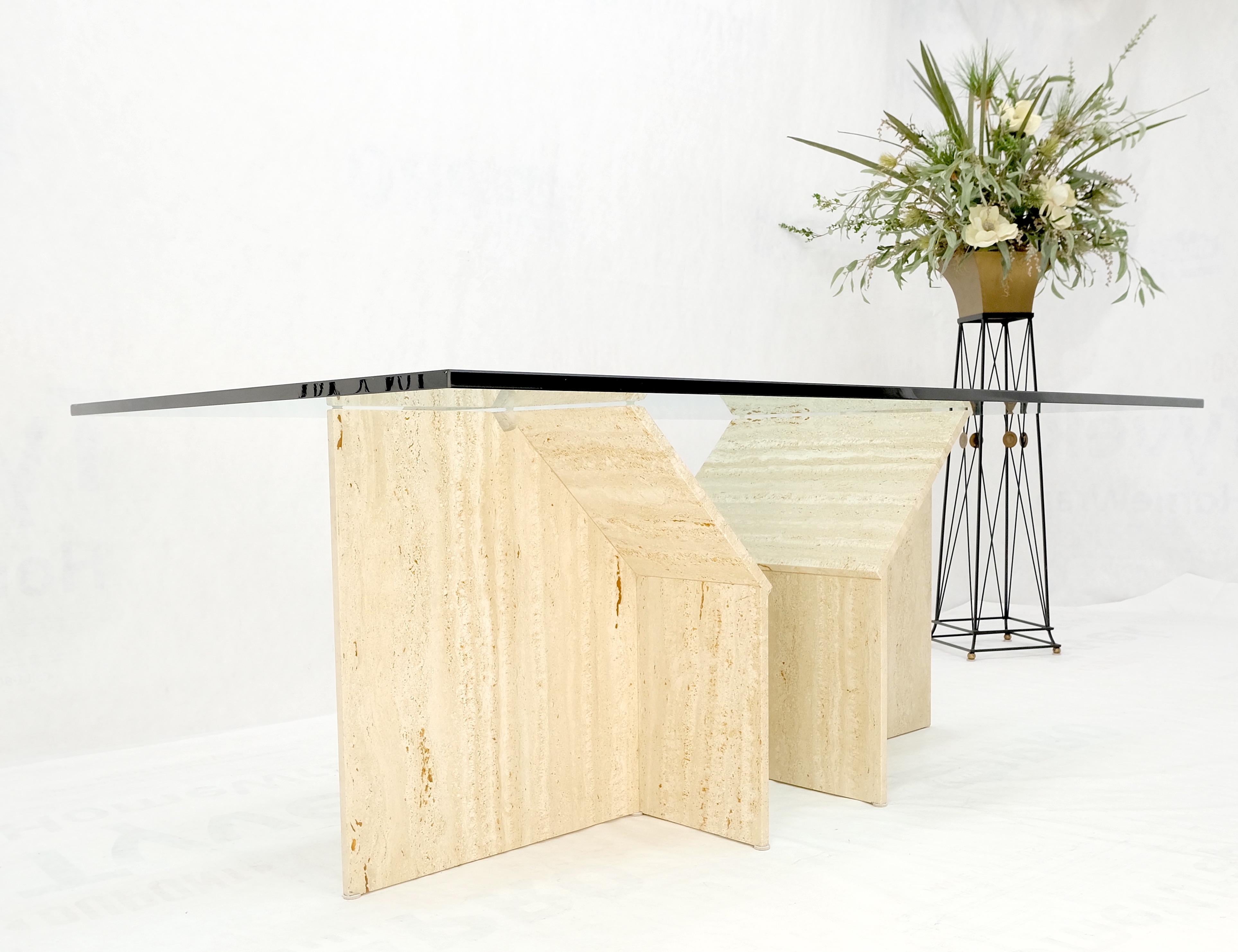 20th Century Large Double Travertine Pedestal Glass Top Dining Conference Table Mint! For Sale