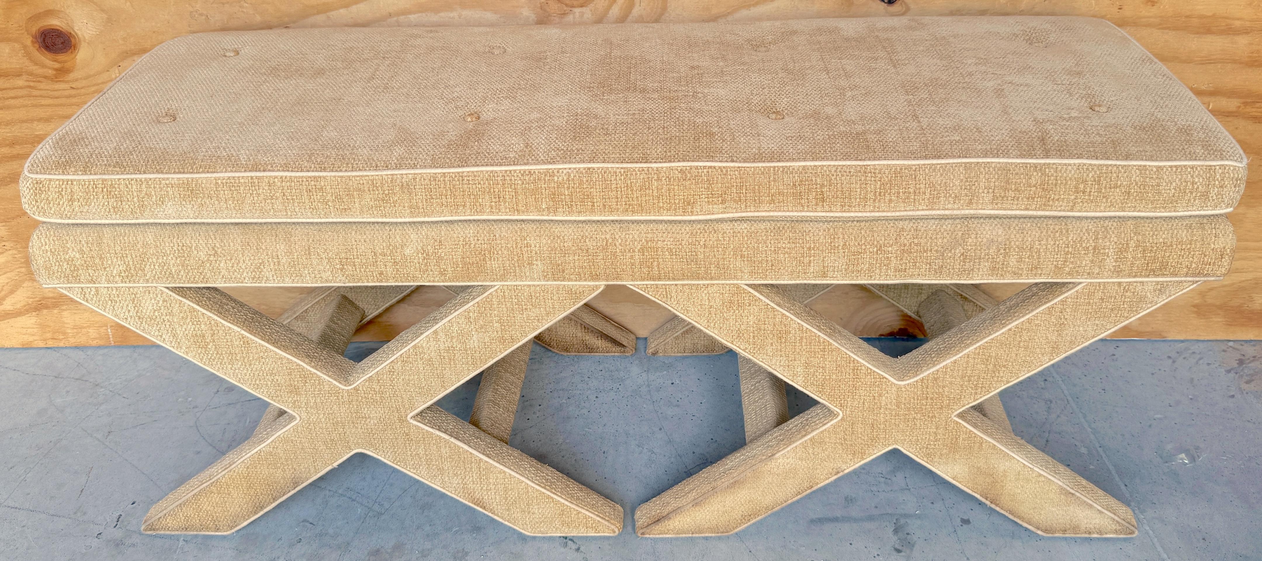 Large Double 'X' Upholstered Bench Frame, In the Style of Billy Baldwin 
USA, circa 1970s, Ready for Reupholstery in COM. 

This Double 'X' Upholstered Bench Frame is unique—a possible custom bench frame of the iconic Billy Baldwin design. Its
