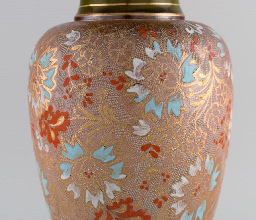 Ceramic Large Doulton Lambeth Pottery Vase with Hand-Painted Flowers and Gold Decoration For Sale