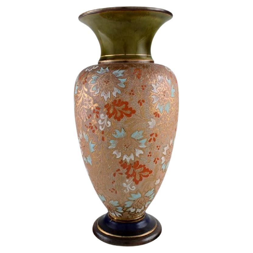 Large Doulton Lambeth Pottery Vase with Hand-Painted Flowers and Gold Decoration