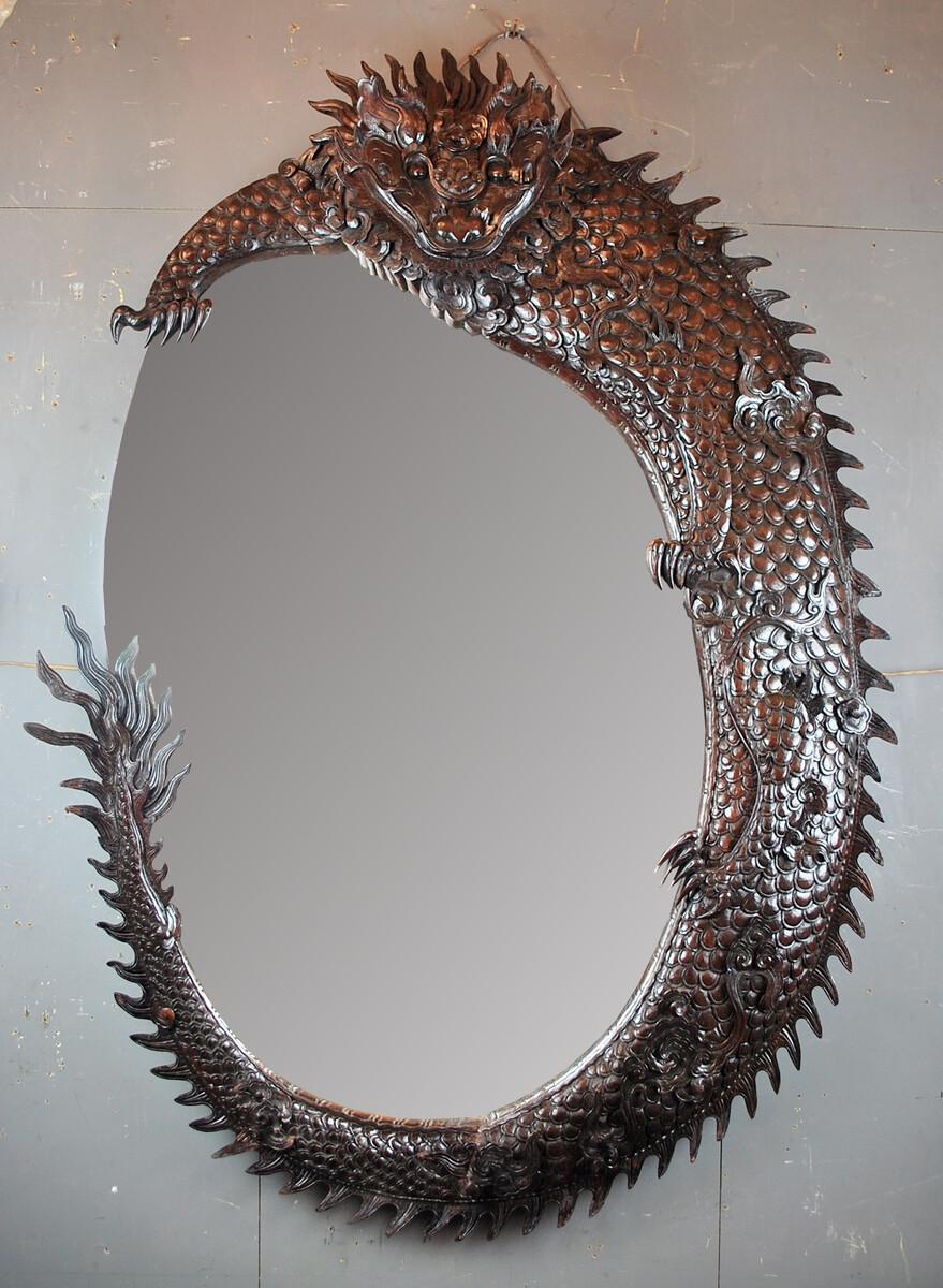Large Dragon Mirror in Finely Carved Iron Wood, 1900s For Sale 4
