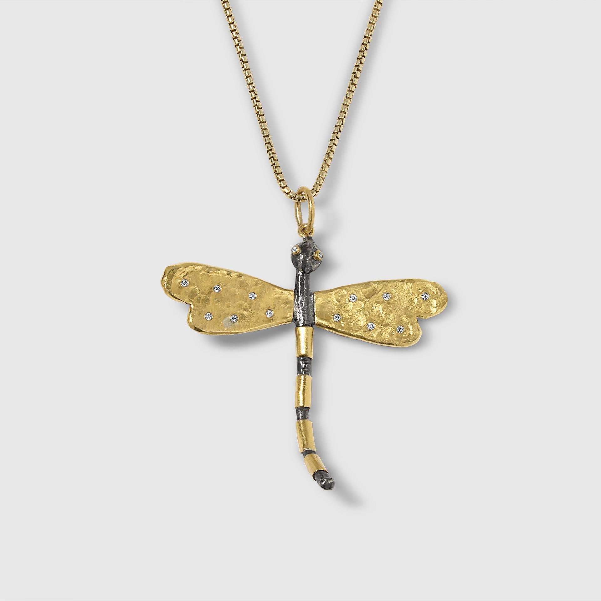 Artisan Large, Dragonfly Charm Pendant Necklace with Diamonds, 24kt Gold and Silver For Sale