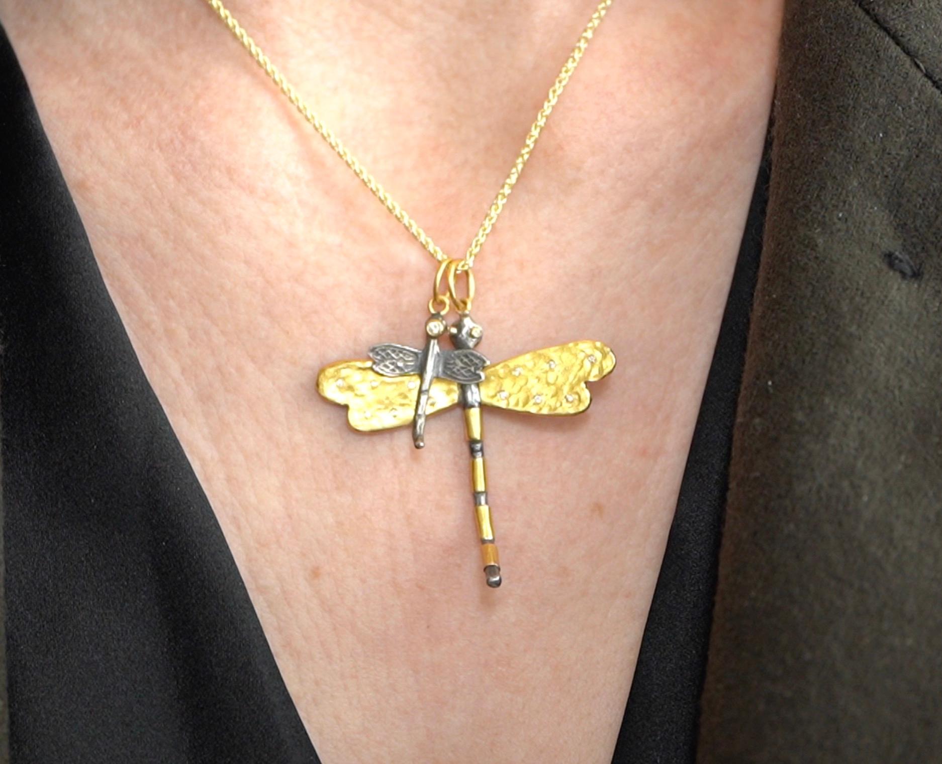 Large, Dragonfly Charm Pendant Necklace with Diamonds, 24kt Gold and Silver by Prehistoric Works of Istanbul, Turkey. Diamond - 0.07cts. This piece pairs well alone or with other coin amulets charms. Measures, large, 42mm x 41mm, comes with 18