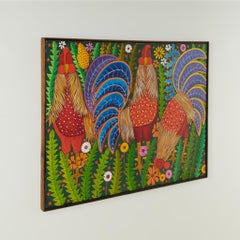 Vintage Haitian Painting of Three Roosters by Paul Nemours