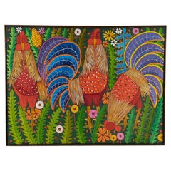 Vintage Haitian Painting of Three Roosters by Paul Nemours