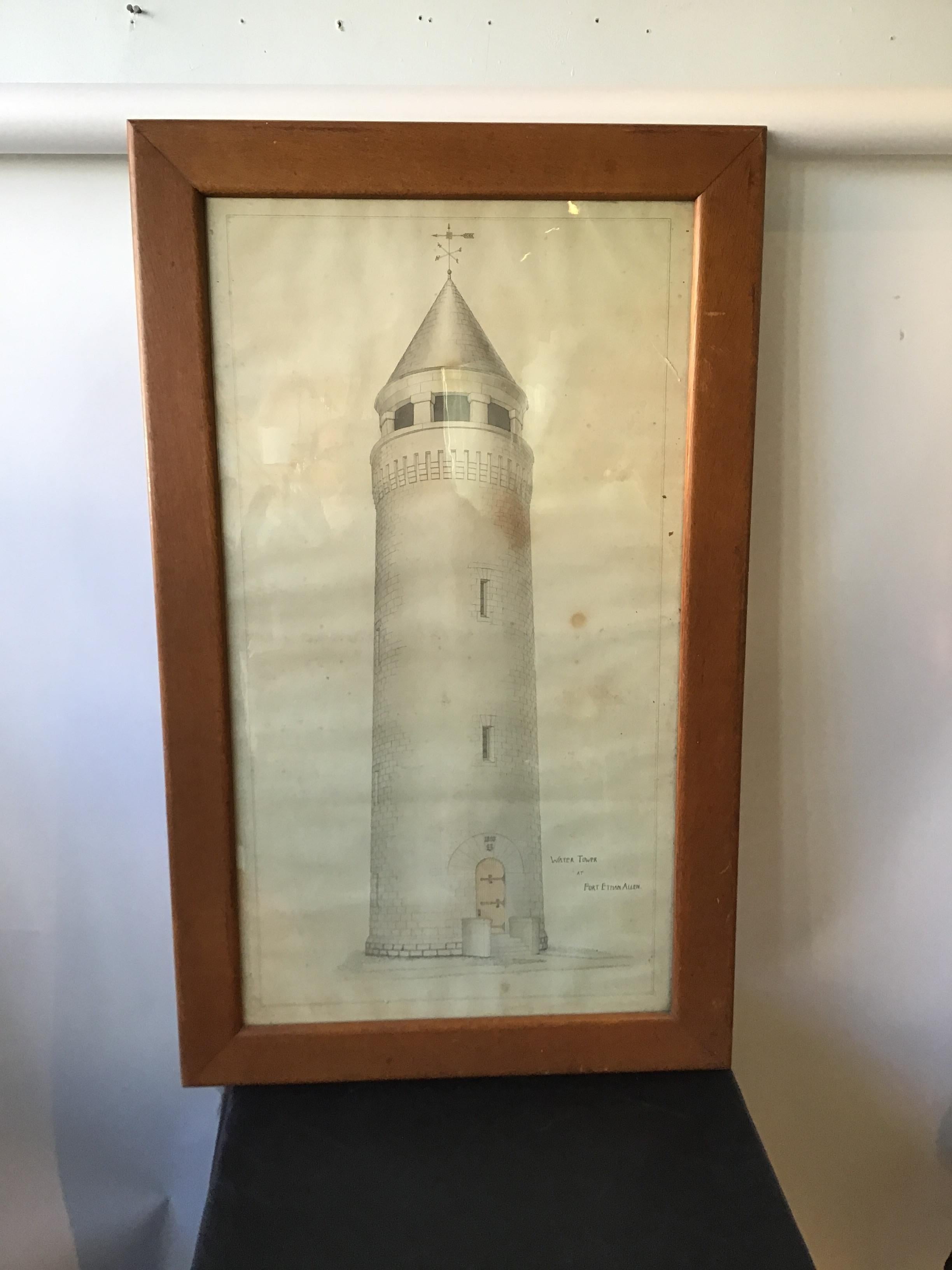 Large drawing of water tower at Fort Ethan Allen in a wood frame. Purchased from an East Hampton Estate. Brown stains on print.